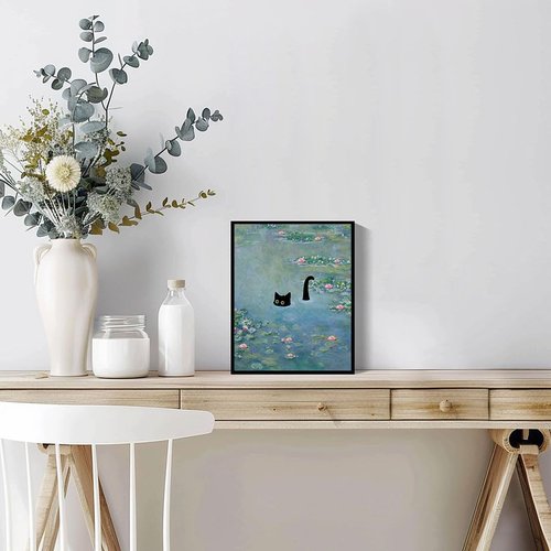 Hamduker Funny Black Cat Wall Art, Monet Art Water Lily Cat Wall Art Decor, Preppy Aesthetic Cat Posters for Bedroom Bathroom Living Room (Size: 16''x20''x1pcs)