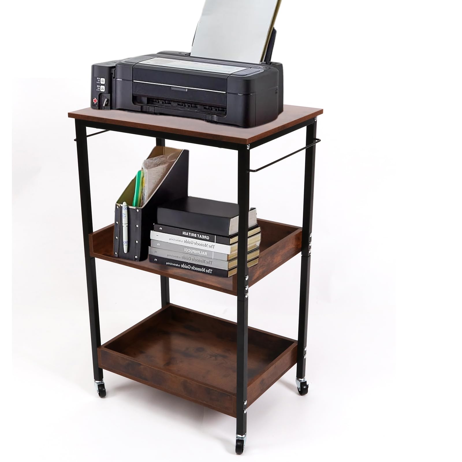 Kersiki 3-Tier Rolling Utility Cart with Table Top- Wooden Utility Cart wit Wheels- Kitchen Storage Microwave Table Stand, Mesh Shelves, for Living and Kitchen Room Office (Brown)