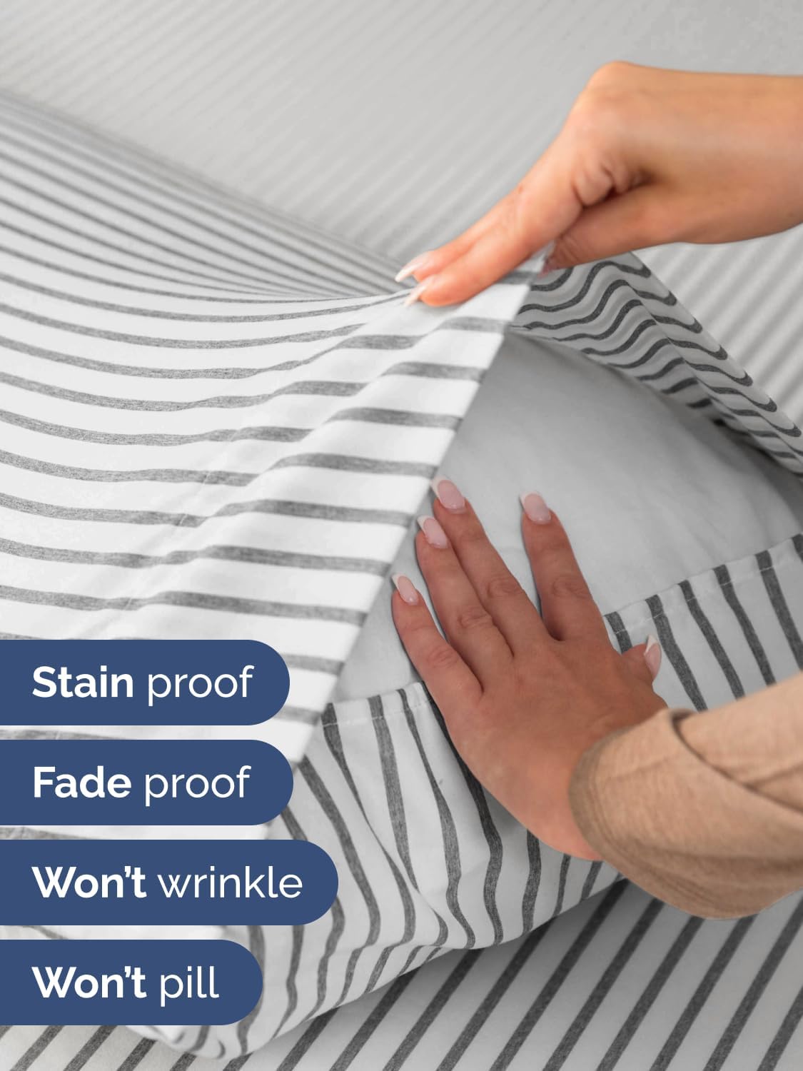Skiennix Extra Deep Split King Sheet Set - 7 Piece Breathable Cooling Bedding - Soft Wrinkle-Free Grey Stripes