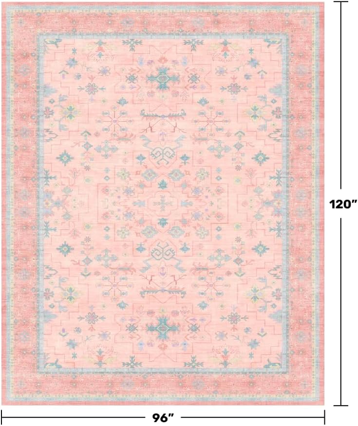 Oushak Rugs | Washable 8x10 Pink and Blue Floral Design | Soft Faux Wool, Non-Slip, Stain Resistant