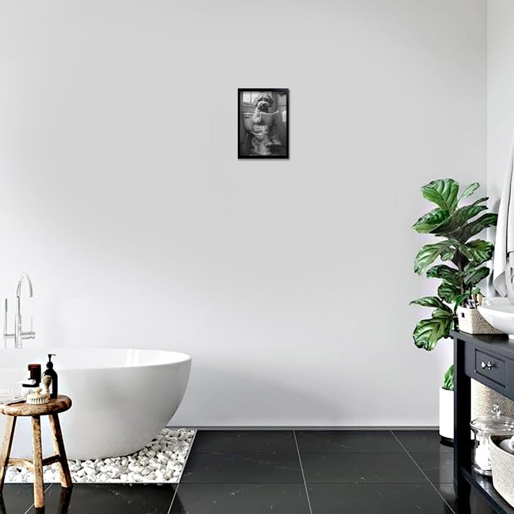 OIQArt Funny Bathroom Wall Art - Black and White Teddy Dog Canvas Print | Humorous Decor for Restroom