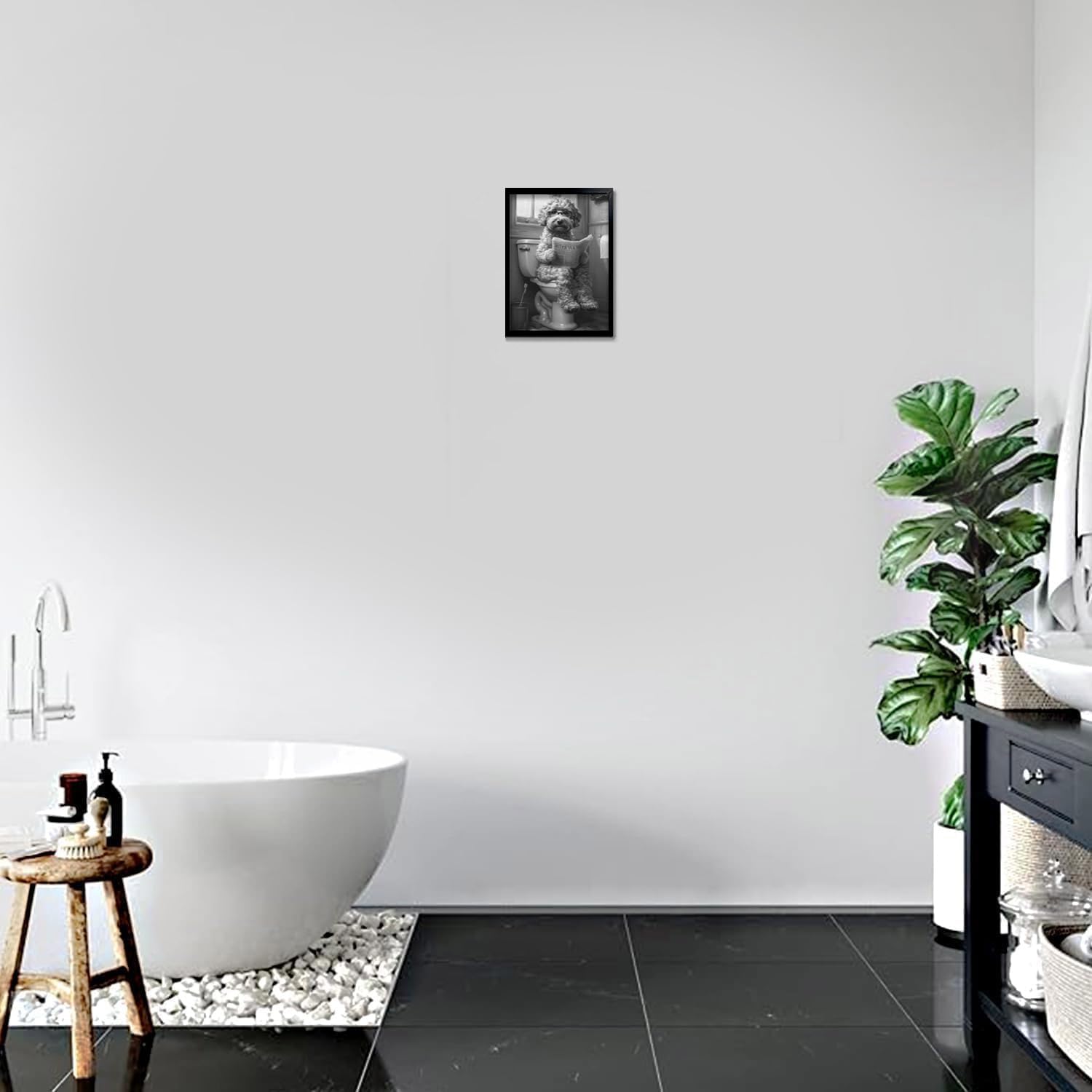 OIQArt Funny Bathroom Wall Art - Black and White Teddy Dog Canvas Print | Humorous Decor for Restroom