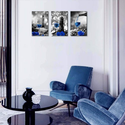 Wine Rose Artwork for Home Walls - Black and White With Blue Wine Painting - Dining Room Decor - Stretched 16x24 Inch