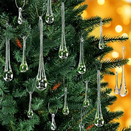 Clear Glass Raindrop Christmas Ornaments Set - 30 Pieces, 5 Sizes, Holiday Decor