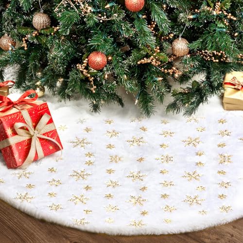 36-Inch Plush Faux Fur Christmas Tree Skirt with Sequin Snowflakes