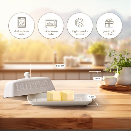 Maison Neuve White Ceramic Butter Dish with Lid for Countertop, White Kitchen Decor, Bold Embossed Font, Chip-Resistant, Microwaves & Dishwasher Safe, Butter Keeper, Country Kitchen Decor