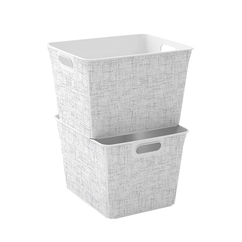 Curver Set of 4 Large V Baskets Decorative Plastic Organization and Storage Basket, White with Tweed Pattern