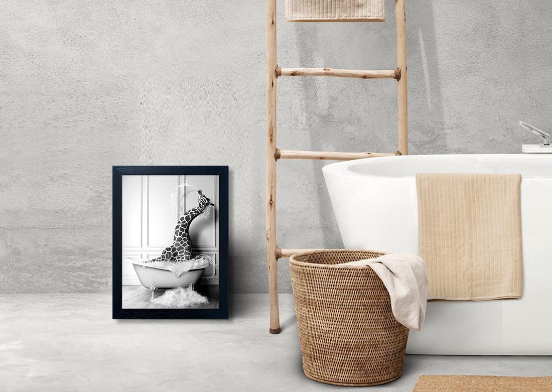 Skiennix Black and White Giraffe in Bathtub Canvas Print - Funny Animal Wall Art for Kids' Bathroom Decor