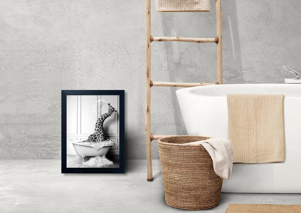 Regine Switzerland Funny Giraffe in Bathtub Wall Art - Framed Canvas Bathroom Decor | Black & White Farmhouse Style