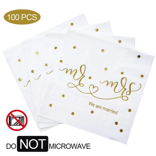 Gexolenu Mr & Mrs Wedding Cocktail Napkins Gold Foil, Dessert Disposable Beverage Paper Napkins for Wedding Shower Party Decorations and table decorations Supplies, 100 pcs