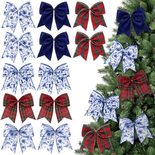 12-Piece Blue & White Plaid Christmas Bow Set with Chinoiserie Accents