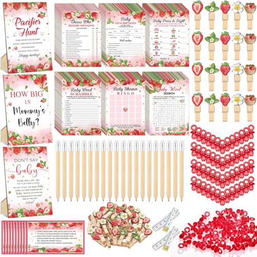 Sherr 476 Pcs Strawberry Baby Shower Games Set - Activities & Party Supplies, Red/Strawberry