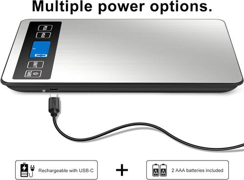 Fuzion Digital Kitchen Scale - 22lb Capacity, Rechargeable, Tare & PCS Functions | Tempered Glass & Stainless Steel