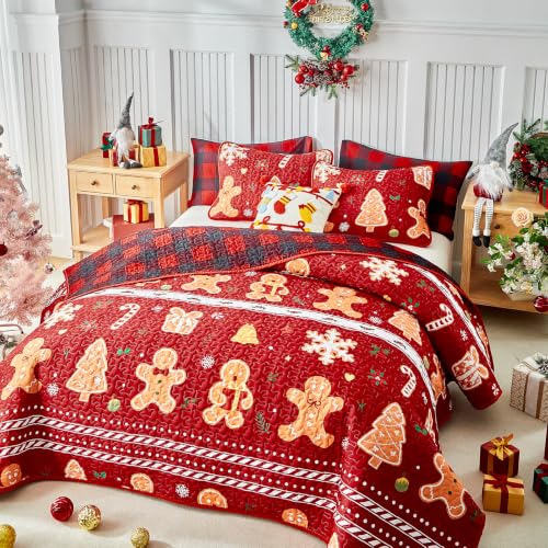 UOZZI BEDDING Christmas Quilt Set Red Stripes with Gingerbread Men, Gingham Reversible King