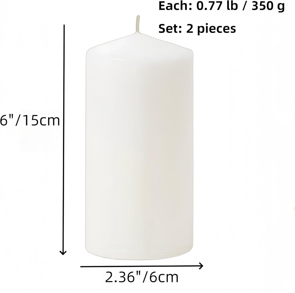 White Pillar Candle Set - 2 Large Unscented Decorative Candles for Parties | 2.4" x 6" (2PC)