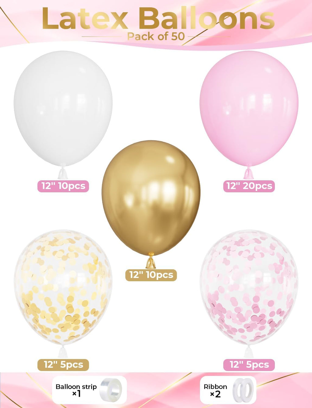Skiennix Pink and Gold Balloons Set - 12 Inch Light Pink & White with Shiny Metallic Gold Glitter Confetti for Birthday & Baby Shower Decorations