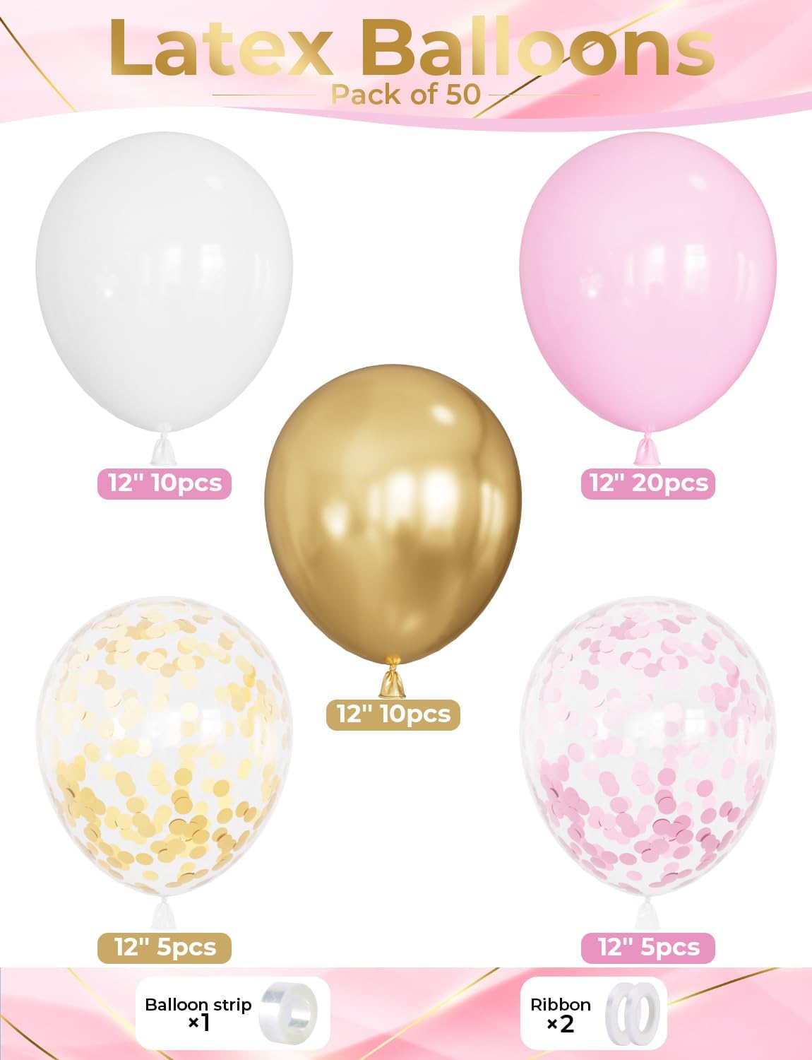 Skiennix Pink and Gold Balloons Set - 12 Inch Light Pink & White with Shiny Metallic Gold Glitter Confetti for Birthday & Baby Shower Decorations