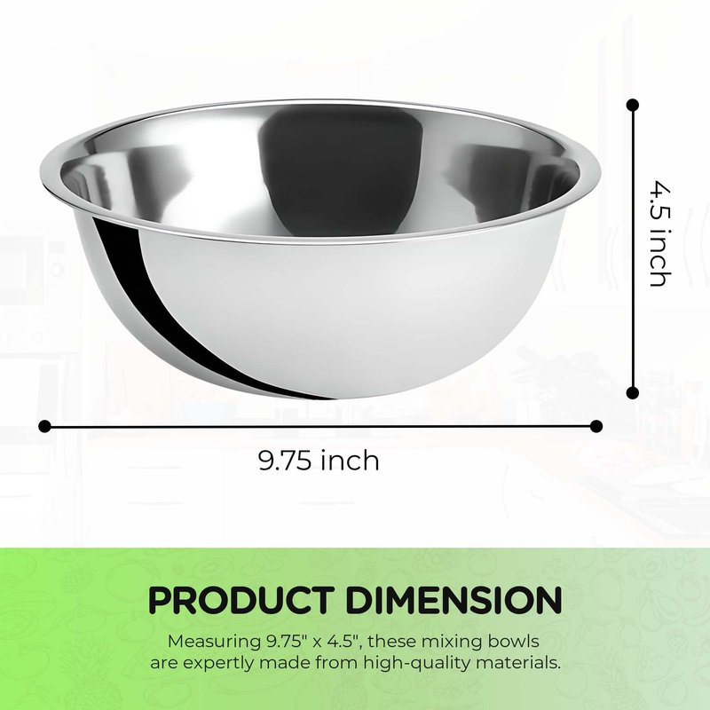 OCS Parts 3 Quart Mixing Bowls | Set of 4 | 9.75-Inch Stainless Steel Professional Grade Flat Base Mixing Bowls for Home and Commercial Kitchens | Dishwasher Safe