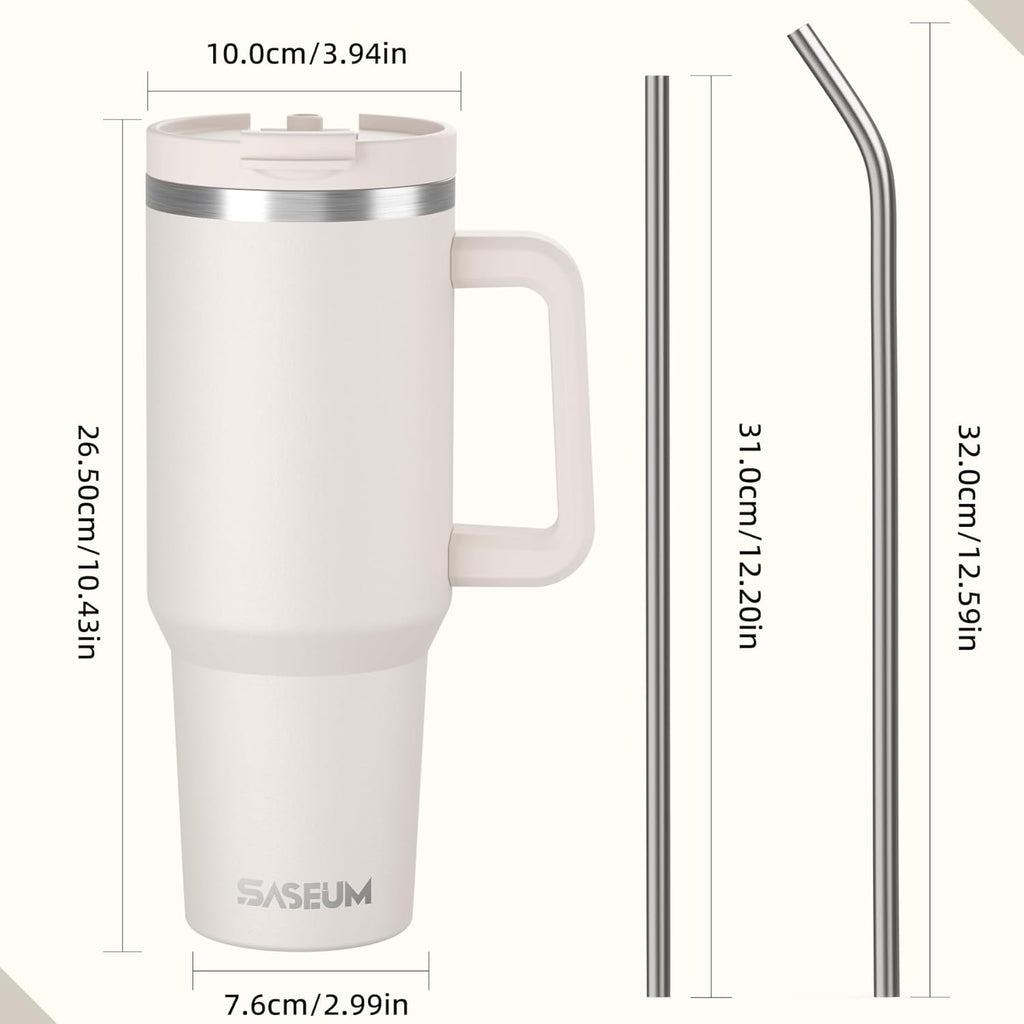 SASEUM 40 oz Stainless Steel Tumbler - Double Wall Insulated Water Bottle with Handle & Lid | White