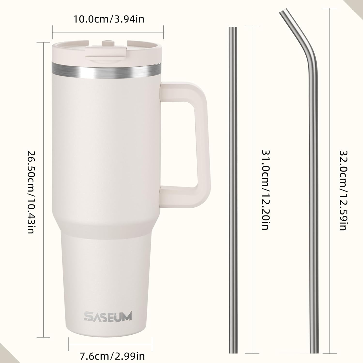 SASEUM 40 oz Stainless Steel Tumbler - Double Wall Insulated Water Bottle with Handle & Lid | White