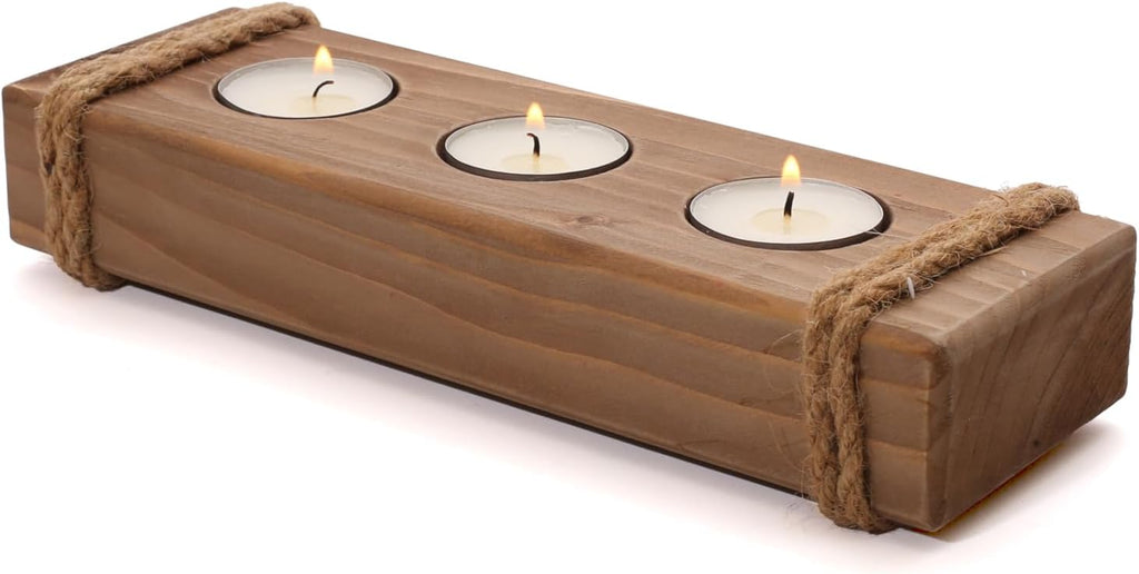 Rustic Wooden Tealight Candle Holder - Farmhouse Table Decor - 3 Tea Light Tray in Brown