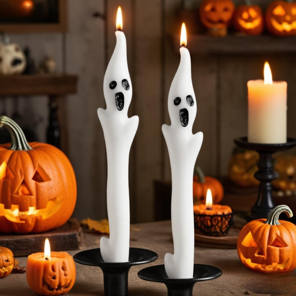Skiennix Halloween Ghost Candles Set - Cute White Taper Candles with Spooky Faces | 2-Piece Decor for Parties & Haunted Houses
