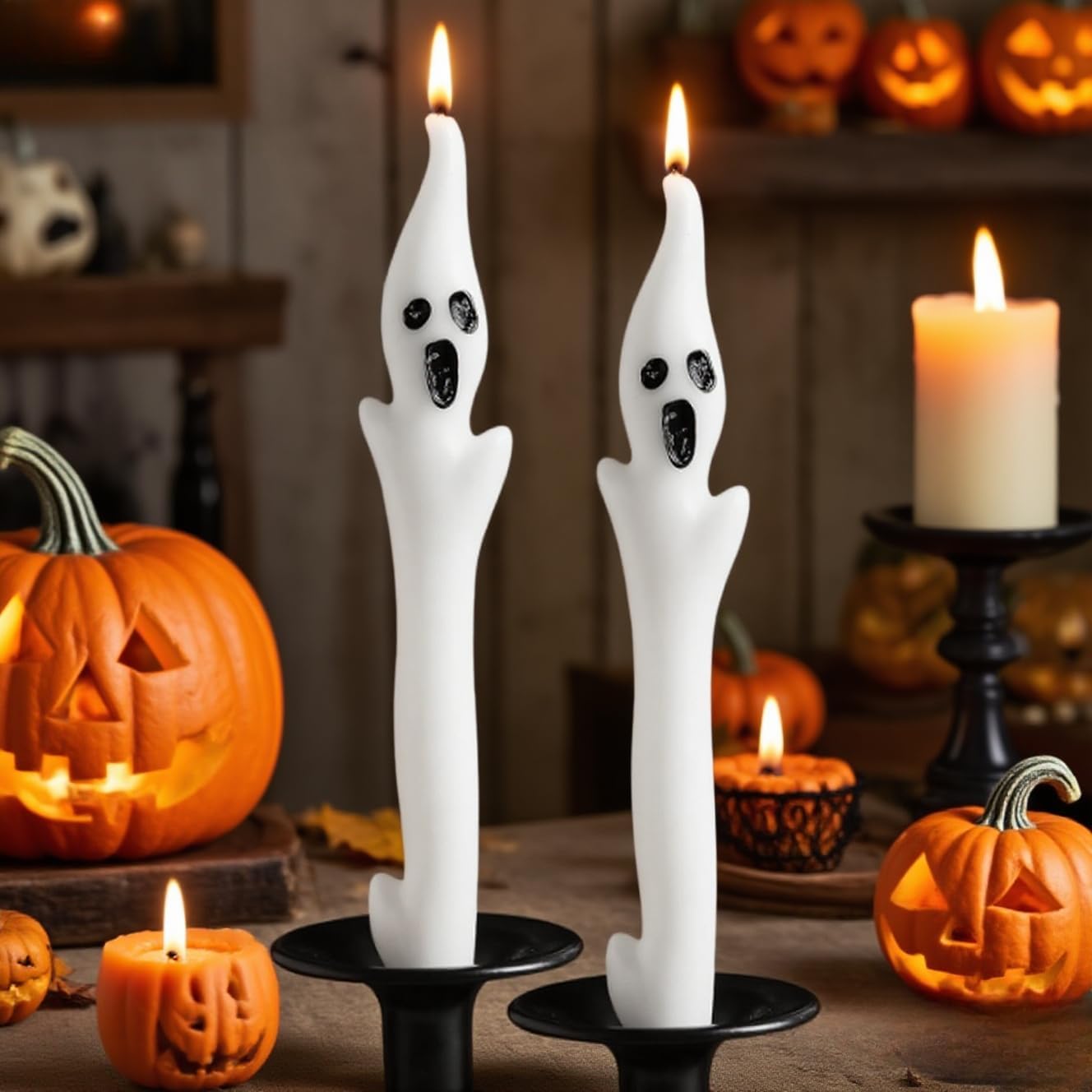 Skiennix Halloween Ghost Candles Set - Cute White Taper Candles with Spooky Faces | 2-Piece Decor for Parties & Haunted Houses