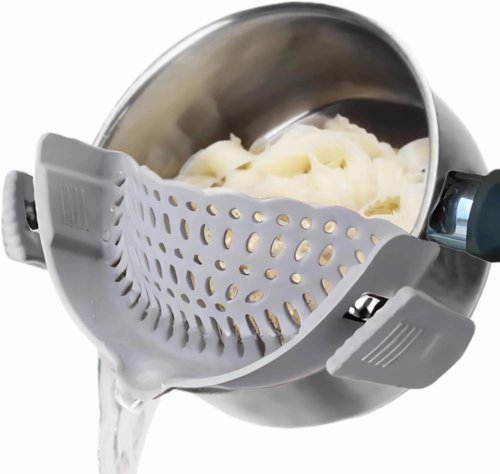 Clip On Strainer Silicone for All Pots and Pans, Pasta Strainer Clip on Food Strainer for Meat Vegetables Fruit Silicone Kitchen Colander (Grey)