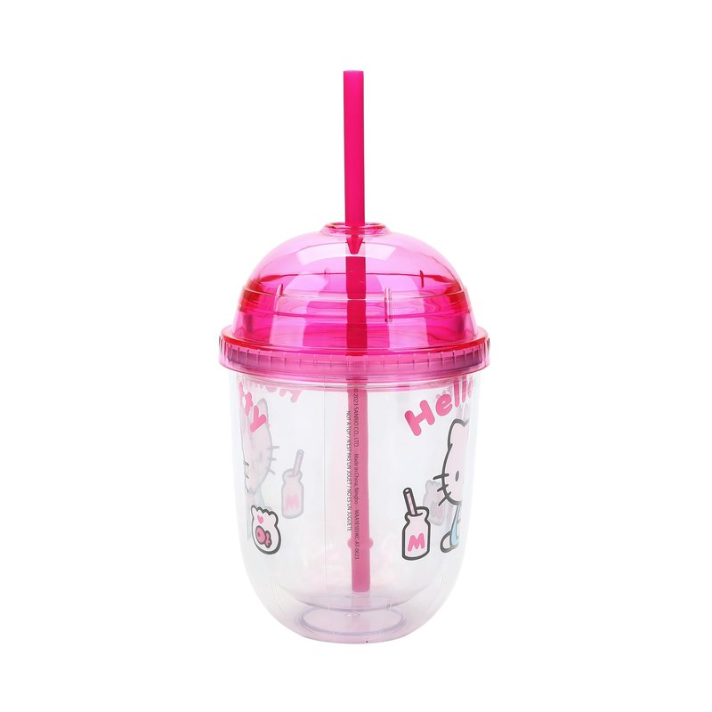 Bioworld Hello Kitty Drinks Character Art 13 Oz Double Wall Plastic Cup With Pink Dome Lid