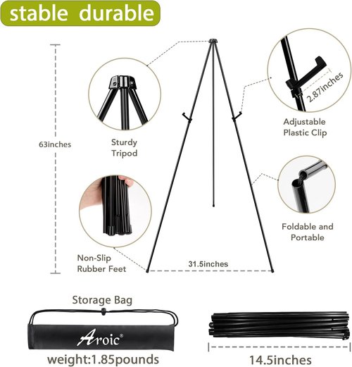 AROIC 63" Portable Metal Easel Stand - Adjustable Floor Easels for Signs, Art & Weddings | 3-Pack with Storage Bags