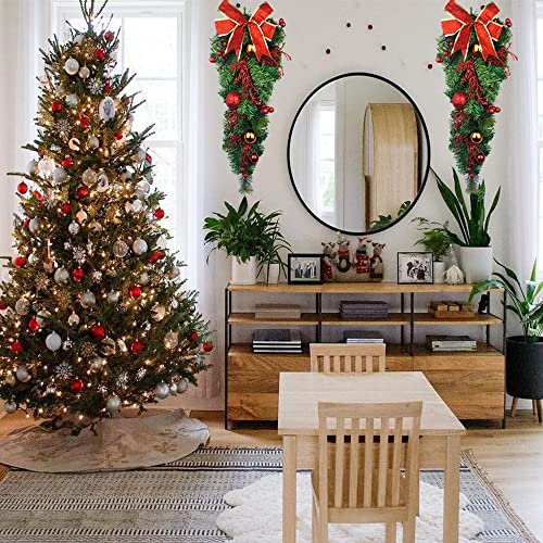 25-Inch Artificial Christmas Teardrop Swag with Pine Cones and Ribbon Bow