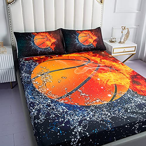 Basketball Twin Fitted Sheet Set - Ice Flame Galaxy Bedding for Kids