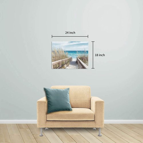 Beach Seascape Canvas Wall Art - Coastal Picture Artwork with Wooden Fence and Weeds Pathway to Ocean for Bedroom Wall Decor（24 x 18)