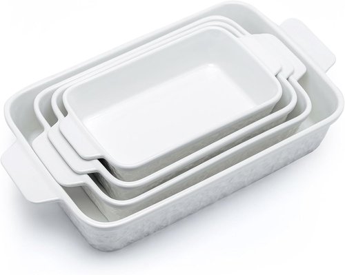 Dafuceramic Casserole Dishes - Set of 4 Rectangular Ceramic Bakeware with Handles | White for Oven Baking