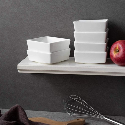 DOWAN Creme Brulee Ramekins 6 oz Oven Safe, Small Ceramic Square Ramekin, Custard Cups Souffle Baking Dish, Dipping Bowls Soy Sauce Dish Appetizer Plates, Set of 6, Soft White