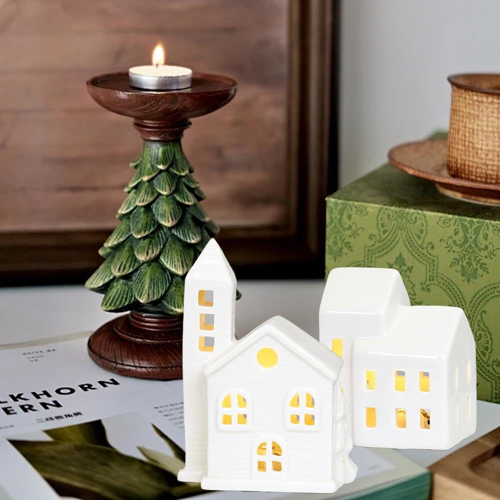 Regine Switzerland Christmas Village Houses - Illuminated White Ceramic Set with Remote Control | Rustic Holiday Decor for Tabletop Display