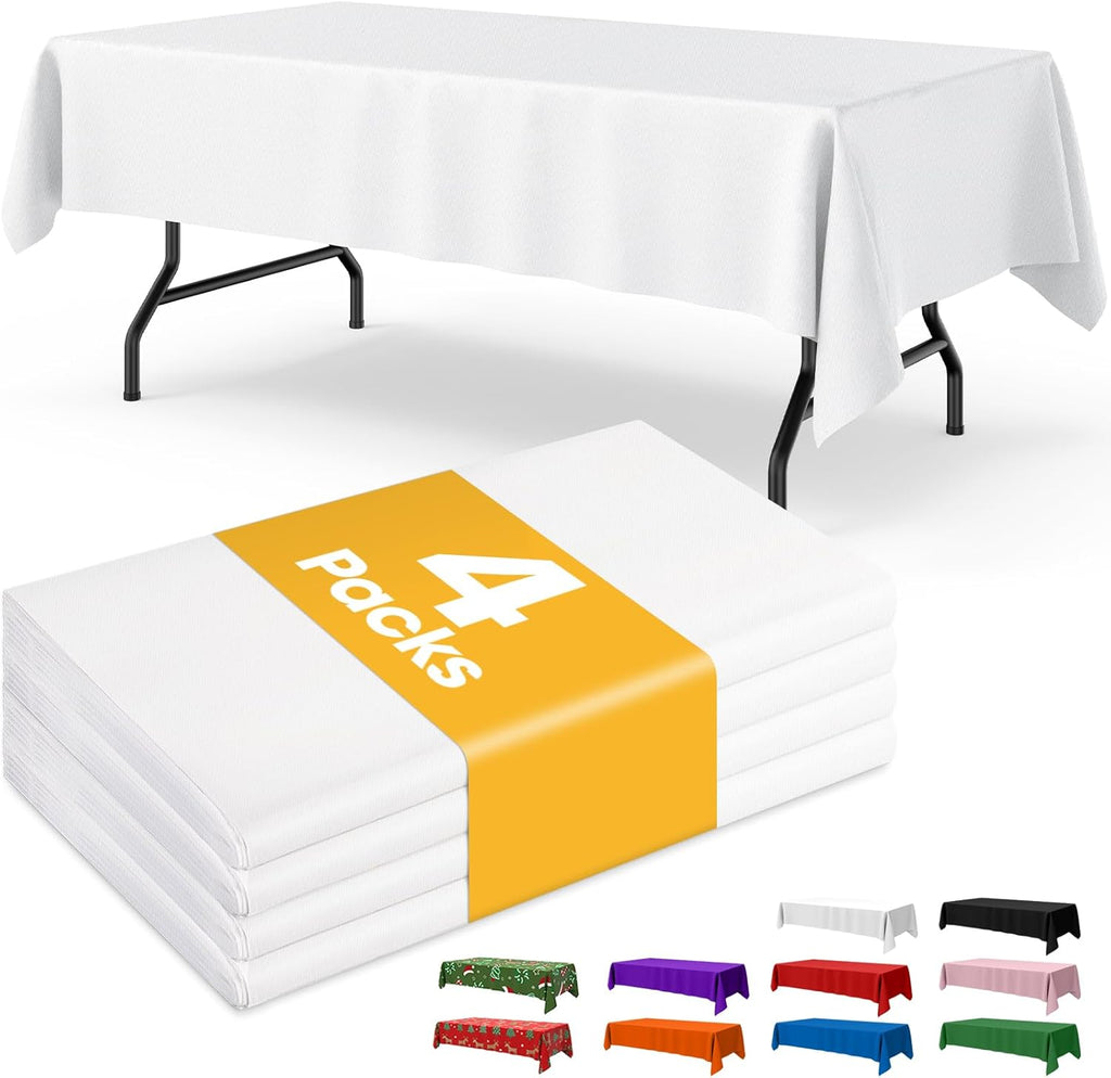 Niuara White Plastic Table Cloth - 4 Pack Disposable 54" × 108" Rectangle Covers for Parties & Gatherings