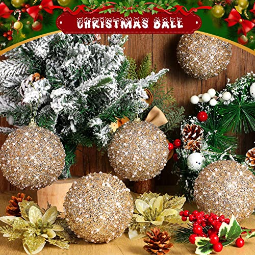 Champagne 6-Piece Christmas Ball Ornaments 4in Glitter Pearls Foam PVC