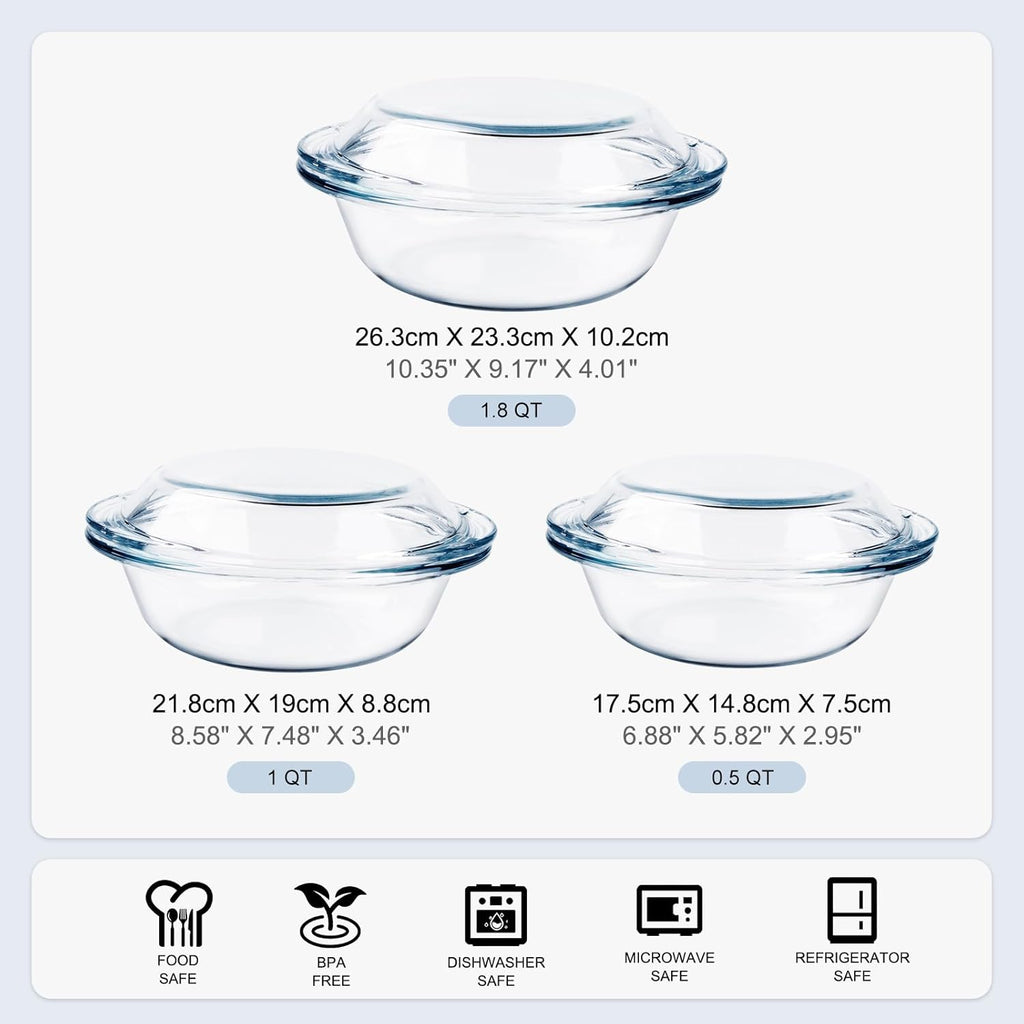 Set of 6 Round Glass Casserole Dishes by [Brand Name] - Nesting Baking Dish Set with Lids | Oven, Freezer & Dishwasher Safe - 0.5QT, 1QT, 1.8QT