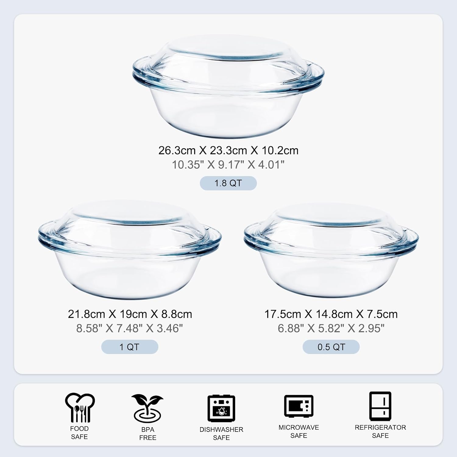 Set of 6 Round Glass Casserole Dishes by [Brand Name] - Nesting Baking Dish Set with Lids | Oven, Freezer & Dishwasher Safe - 0.5QT, 1QT, 1.8QT