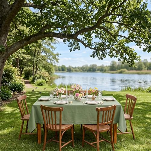 Solino Home 100% Pure Linen Rectangle Tablecloth Oil Green 60 x 90 inches - Elegant Dining Decor