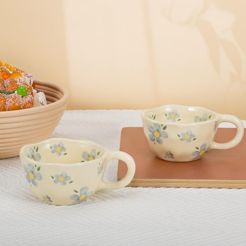 Koythin 2-Pieces Ceramic Coffee Mugs, Creative Cute Flower Cup for Office and Home, 8.5 oz/250 ml Aesthetic Mug for Latte Tea Milk (2 Blue Flower)