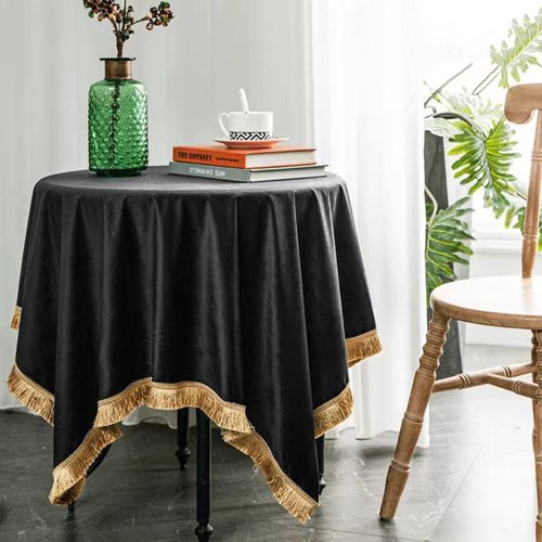 FAIRY KAARI Velvet Tablecloth Luxurious Black Rectangle Table Tablecloth Thickset with Luxurious Gold Tassels Table Cloth for Home Decor Christmas Wedding, Party, Banquet and Events 60X120inch