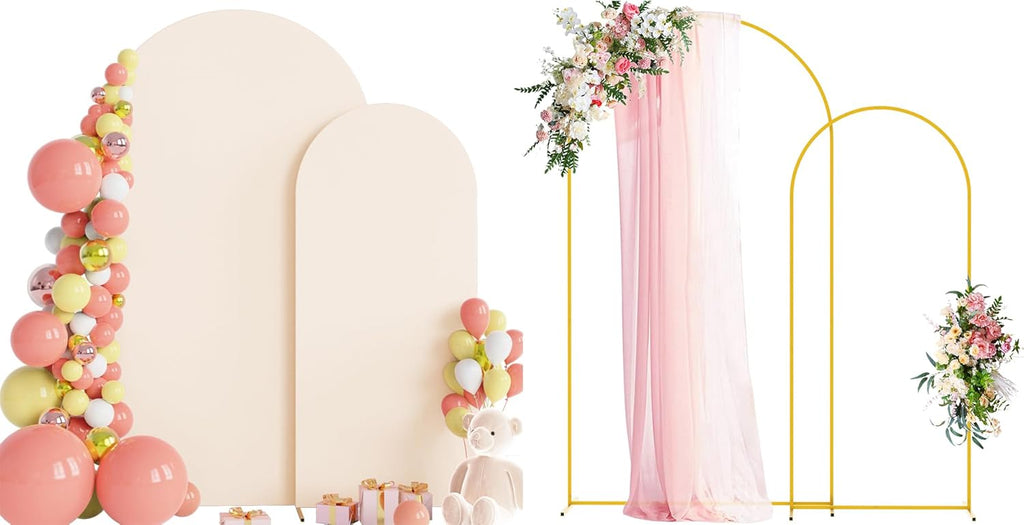 Wokceer Wedding Arch Stand Set - Metal Backdrop with Beige Cover for 7.2FT & 6FT Events | Perfect for Ceremonies & Parties