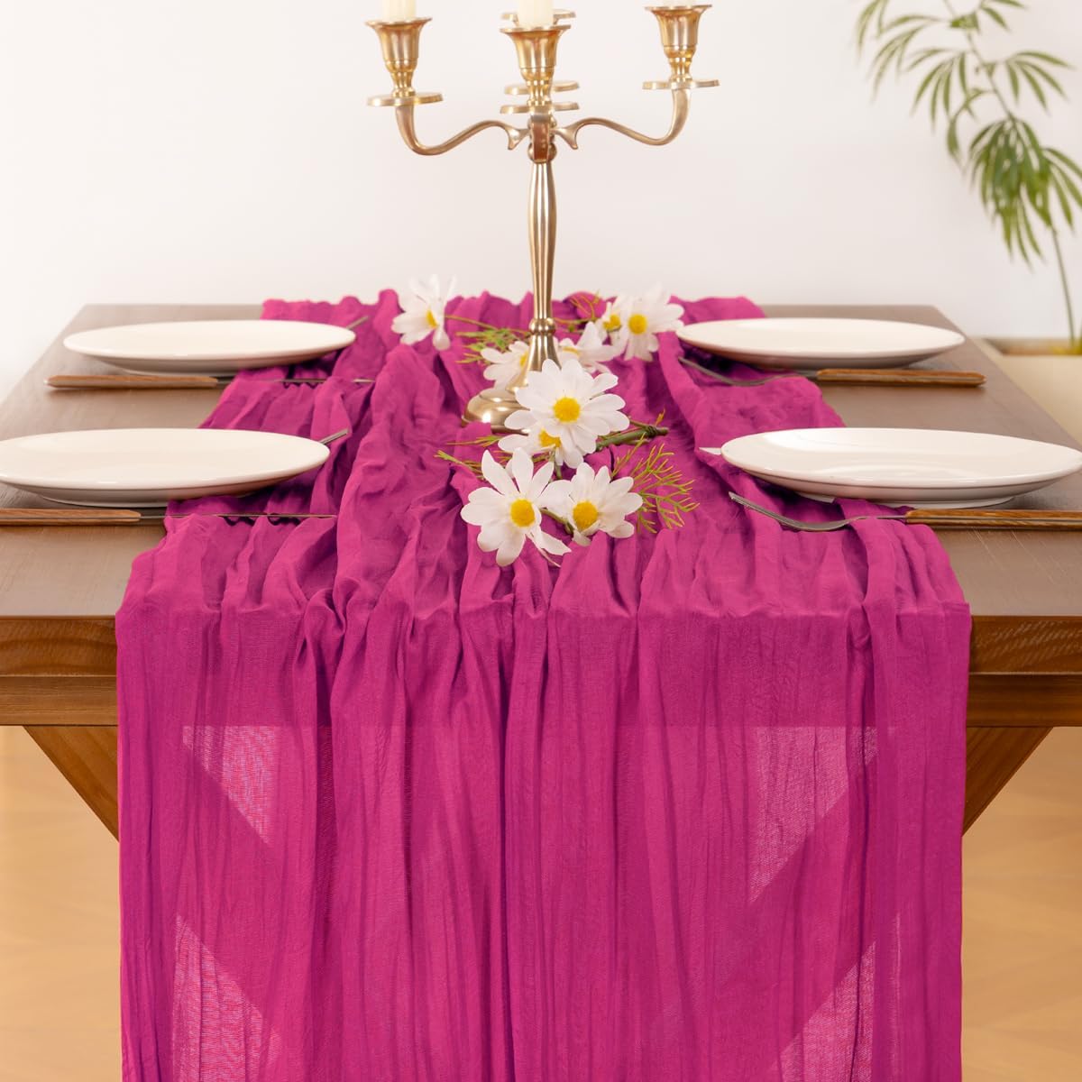 Socomi Hot Pink Cheesecloth Table Runner - 120 Inch Fuchsia Boho Rustic Decor for Weddings & Events