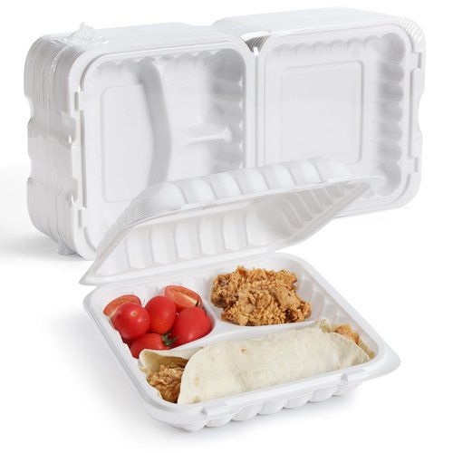 YANGRUI Food Containers 9" 40 oz 100 Pack - Mineral Filled BPA Free Polypropylene Plastic | Shrink Sealed | Reusable Dishwasher Freezer & Microwave Safe | Stackable Design 3 Compartment Takeout Boxes