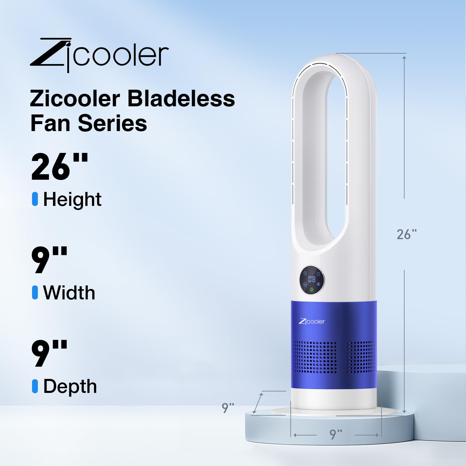 ZICOOLER Bladeless Fan for Bedroom, 8 Speeds & 90° Oscillation Bladeless Fan with Remote, 9H Timer, Large LED Display, Safety Design for Kids & Pets, Portable Tower Fan for Office Bedroom