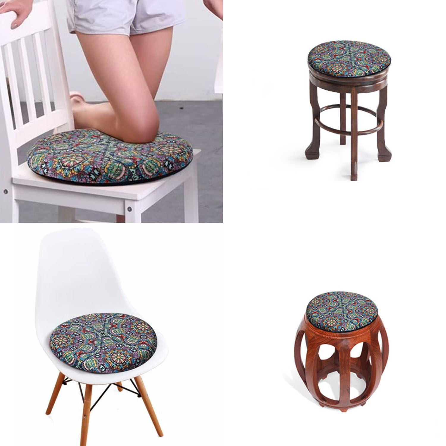 Greenjin 13" Round Memory Foam Seat Cushion Anti Slip Circle Chair Pad with Rubber Back Detachable Round Stool Cushions Machine Washable for Kitchen Dining Office Chairs Highstools Colorful Pattern