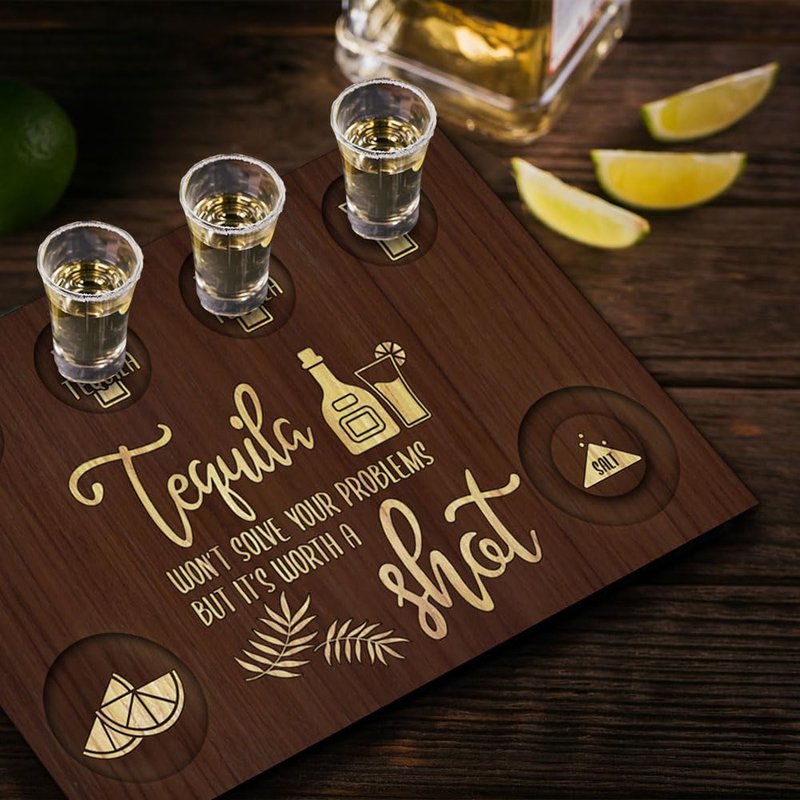 Tequila Shot Board Set With 6pcs Shot Glass Tequila Gifts, 7.8x11.8 Inch Wooden Serving Tray with Salt Rim, Shots Glass Holder for Restaurant Family, Fun Bar Party Housewarming Gifts