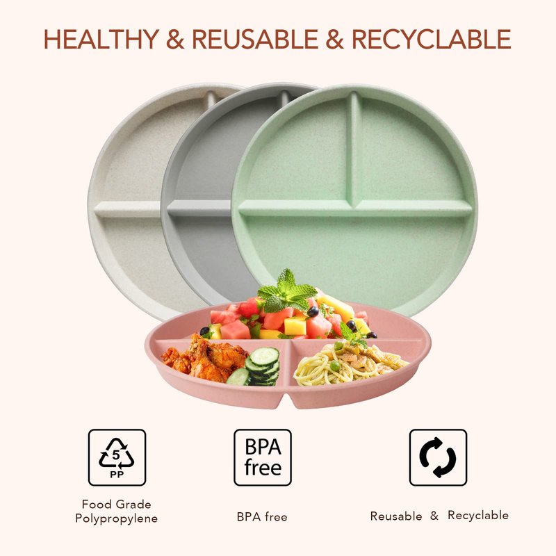 greenandlife 9 Inch (4PCS) Unbreakable Divided Plates for Kids Adults, Dishwasher & Microwave Safe Compartment Plate, Lightweight Reusable Plastic Portion Control Plates, BPA Free and Healthy